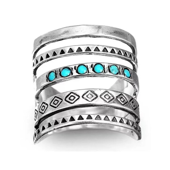 Bohemian Antique Silver & Turquoise Southwestern Layered Stacked Unisex Ring NEW - Picture 5 of 6